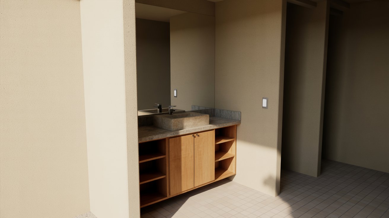 "Modern bathroom vanity with ideal depth and comfortable spacing suited for a functional and well balanced bathroom layout."