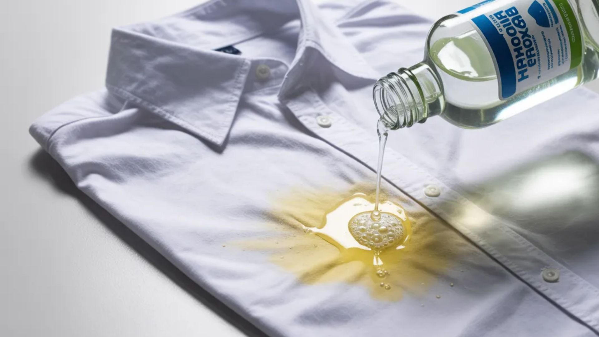 Hydrogen peroxide applied to yellow stains on white fabric for bleaching effect.