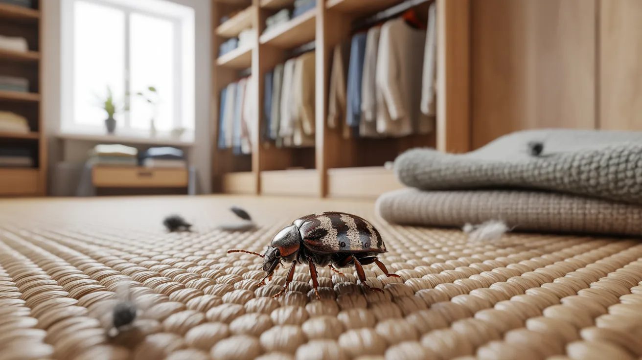 Small carpet beetle on fabric showing signs of clothing and textile damage.