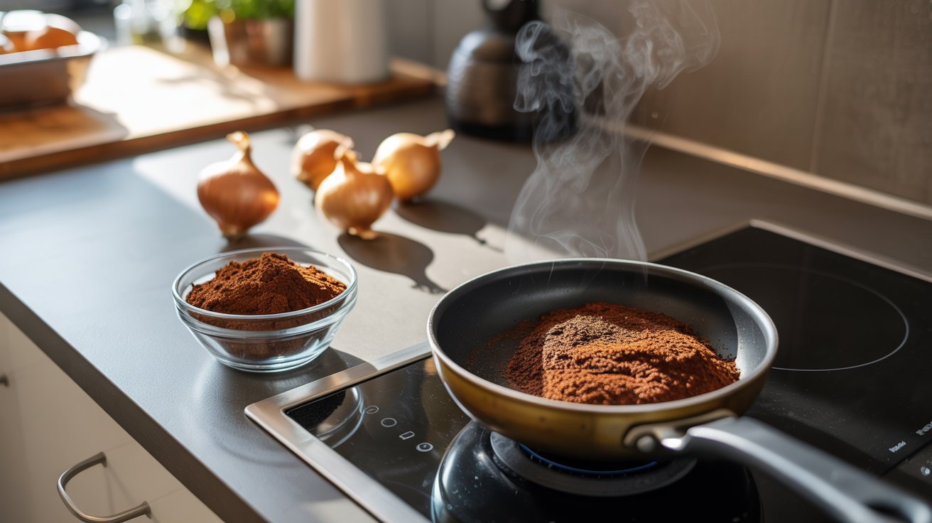 "Kitchen counter with coffee grounds in a bowl and heated in a pan used to absorb and reduce onion smell"