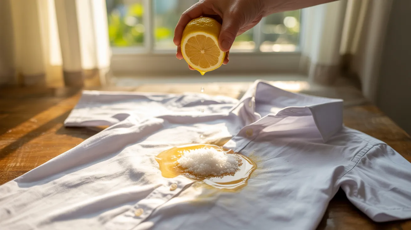 Lemon juice and salt applied to yellow stains on white shirts for natural bleaching.