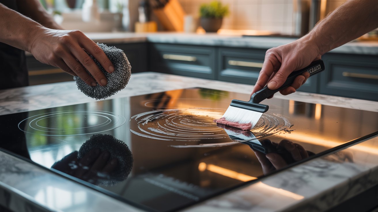 "Hand using cooktop scraper on glass ceramic stove surface while avoiding steel wool in realistic modern kitchen scene"