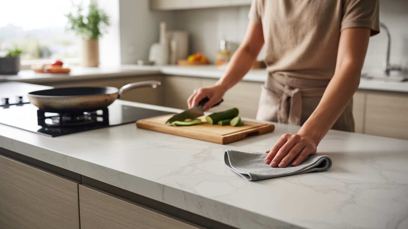 "Maintaining quartz countertops with daily cleaning, cutting board use, and trivets to prevent scratches and heat damage in a modern kitchen"