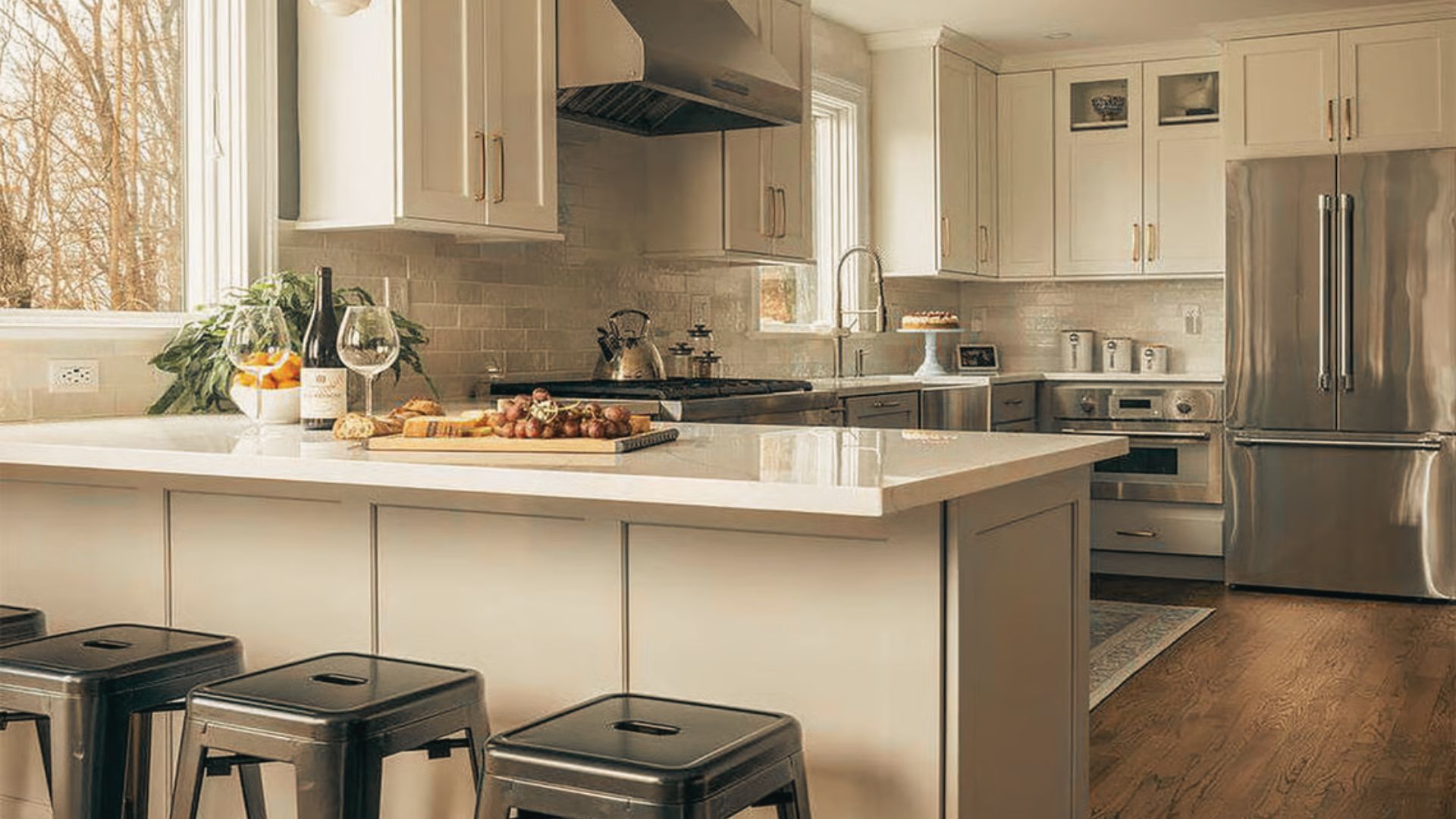 Warm white kitchen with Monochrome Finishes cabinets and stainless steel appliances.