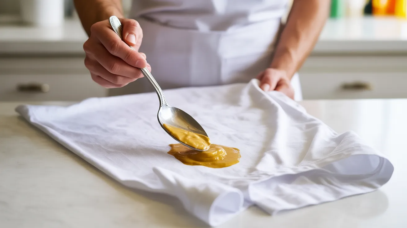 Mustard being scraped off white shirt using spoon to reduce stain before cleaning.