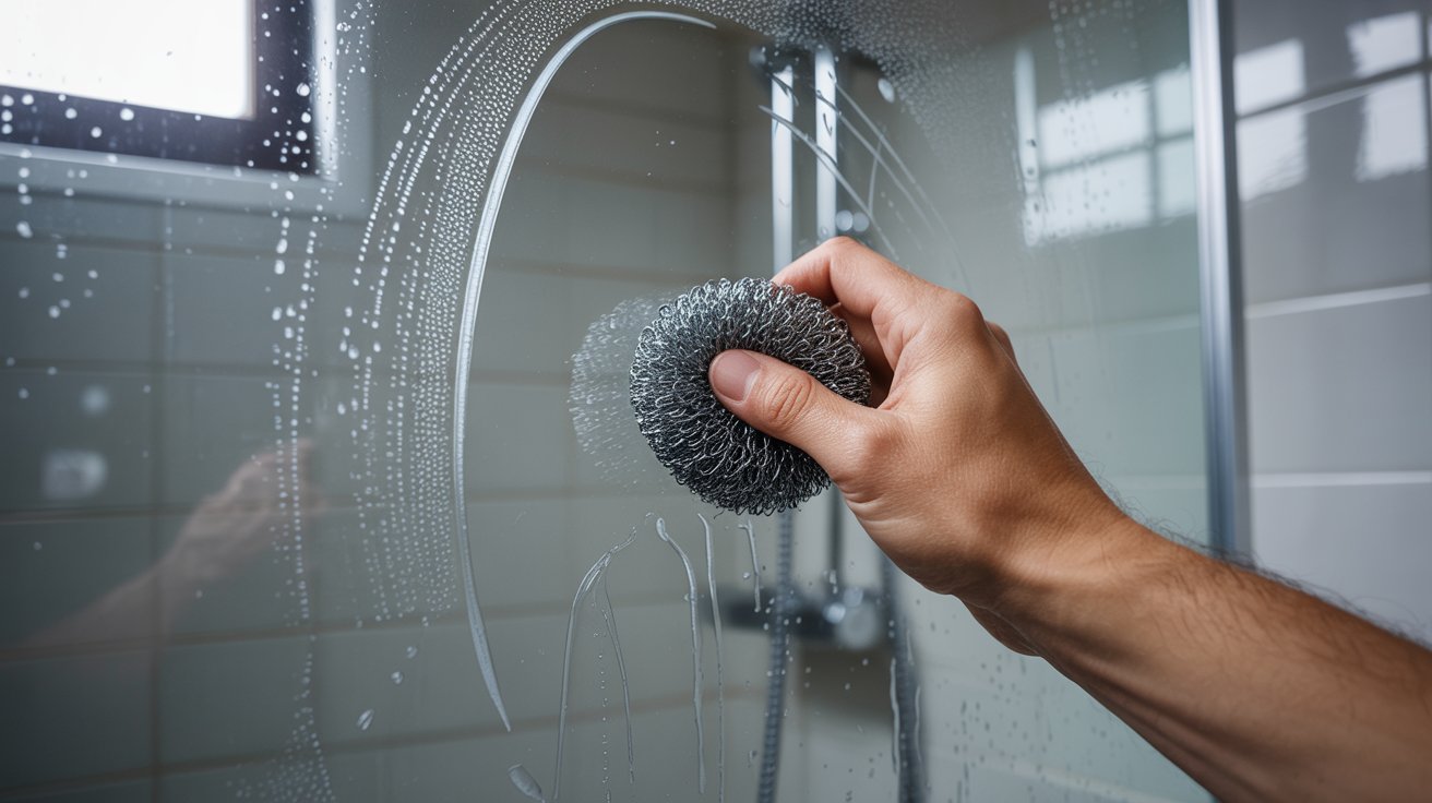 "Hand gently cleaning glass shower door with fine steel wool in realistic bathroom close-up scene"
