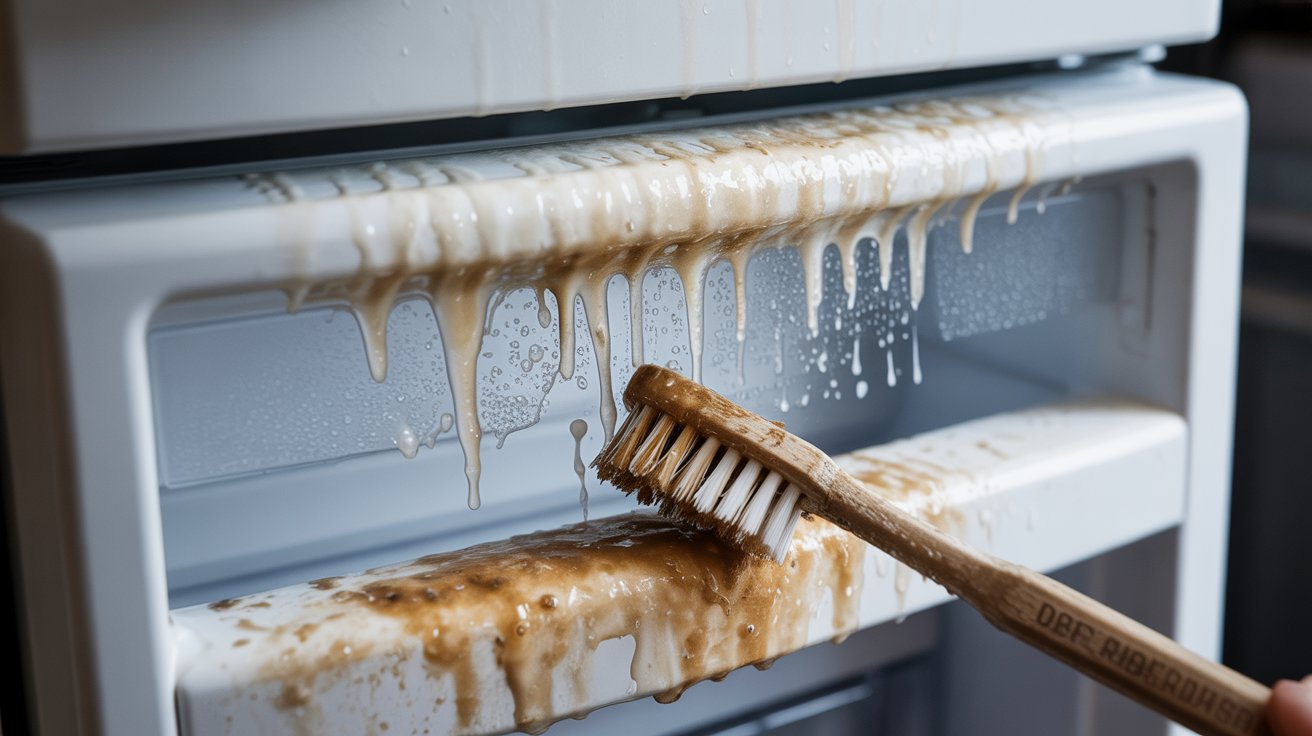 Cleaning refrigerator door gasket and corners with a toothbrush to remove hidden mold buildup.