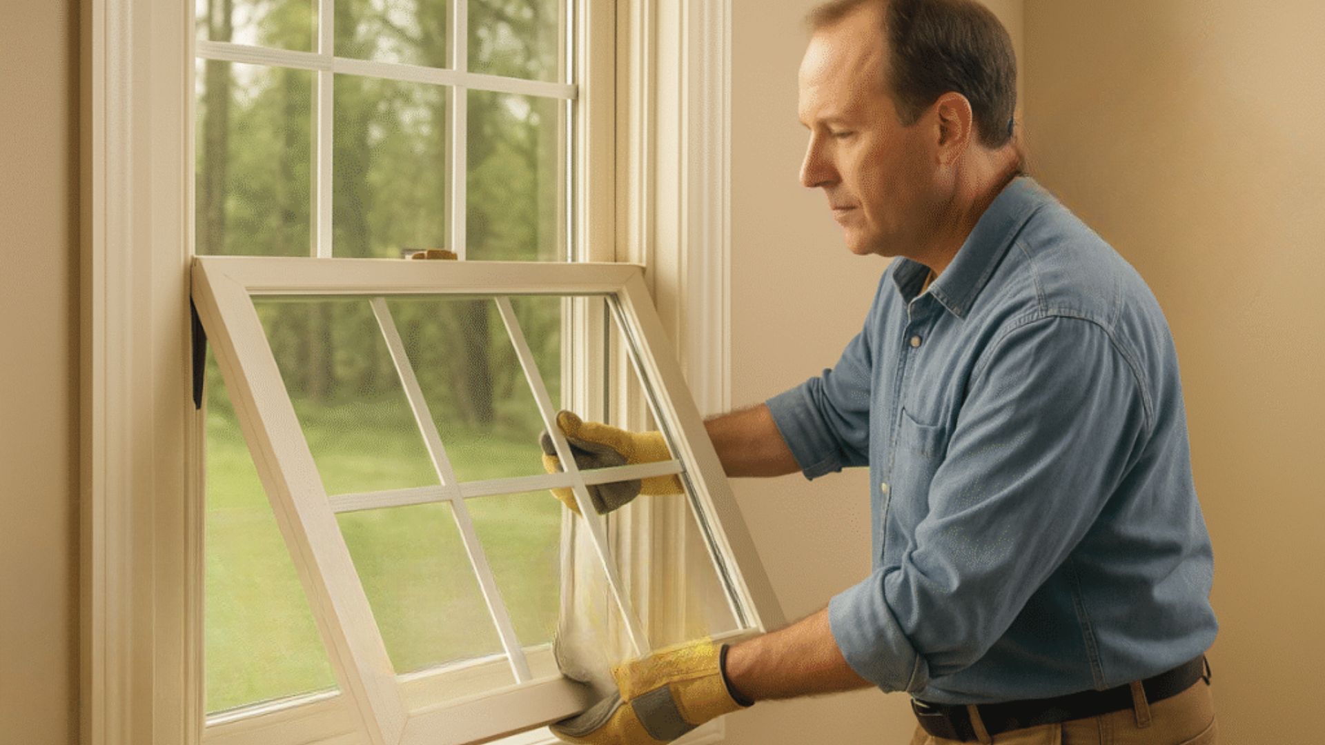 Man wearing gloves removing window sash to access and thoroughly clean the window tracks.