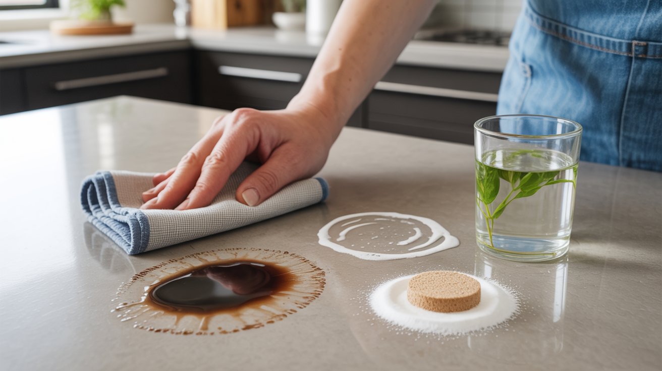 "Removing stains from quartz countertop using gentle methods like microfiber cloth, mild soap, vinegar solution, and baking soda paste without damage"