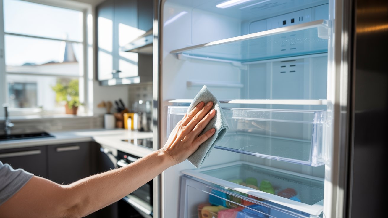 Clean refrigerator interior being dried and left open to air out completely after washing.