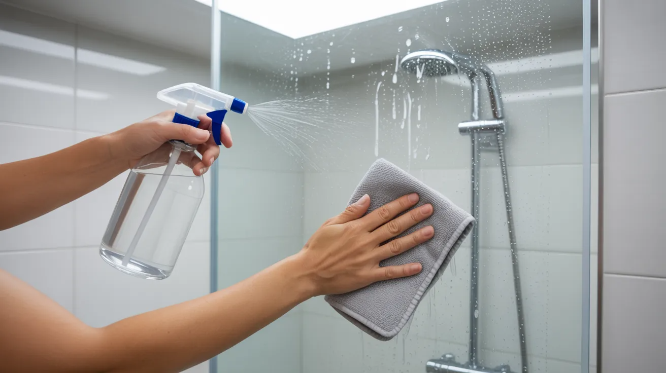 Hydrogen peroxide spray cleaning light hard water stains from glass surface.
