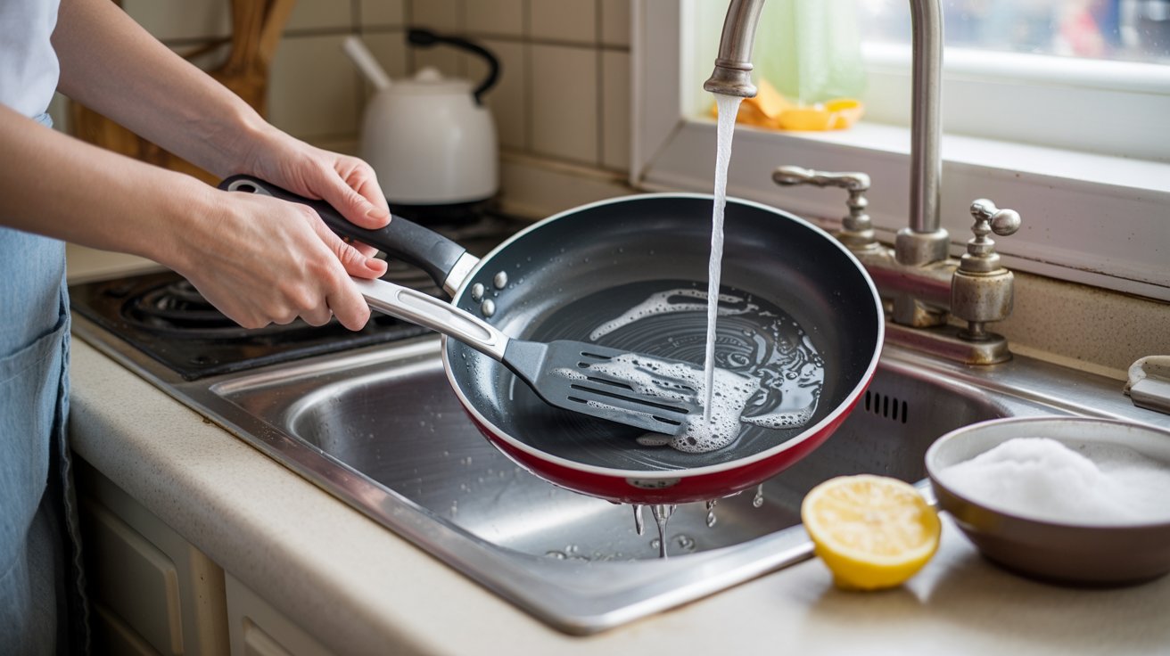 "Kitchen sink with utensils being washed after cooking onions using warm soapy water, lemon, and baking soda to remove lingering smell"