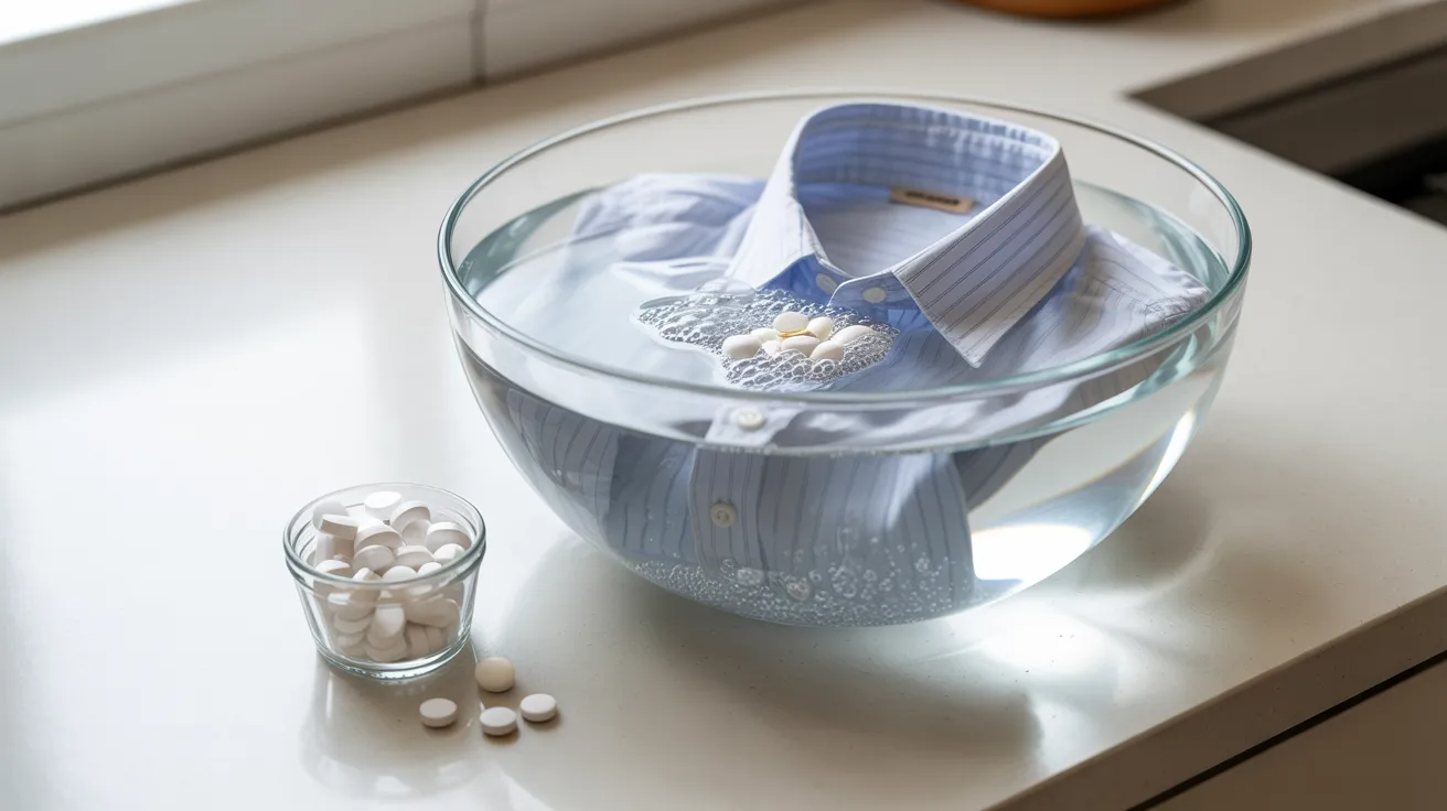 White shirt soaking in aspirin solution to remove yellow sweat stains.