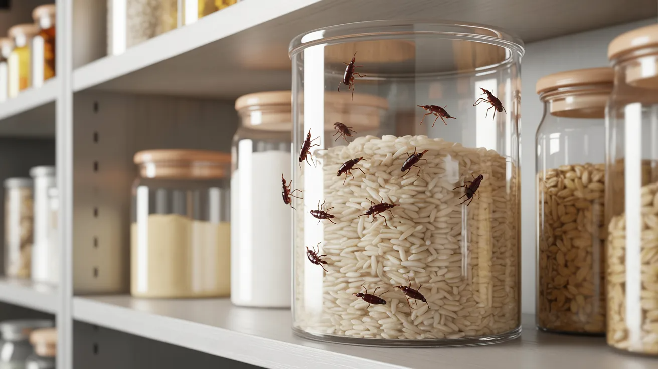 Tiny weevils in pantry grains like rice and flour indicating stored food infestation.