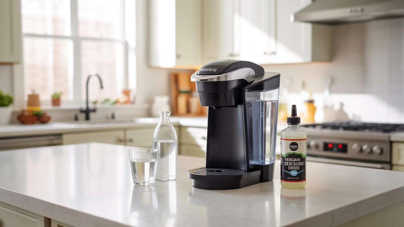 Keurig coffee machine with vinegar and descaling solution showing safe cleaning options comparison.