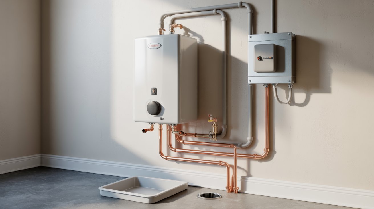 "Electric water heater installation with plumbing, electrical connection, and safety components in a modern utility room"