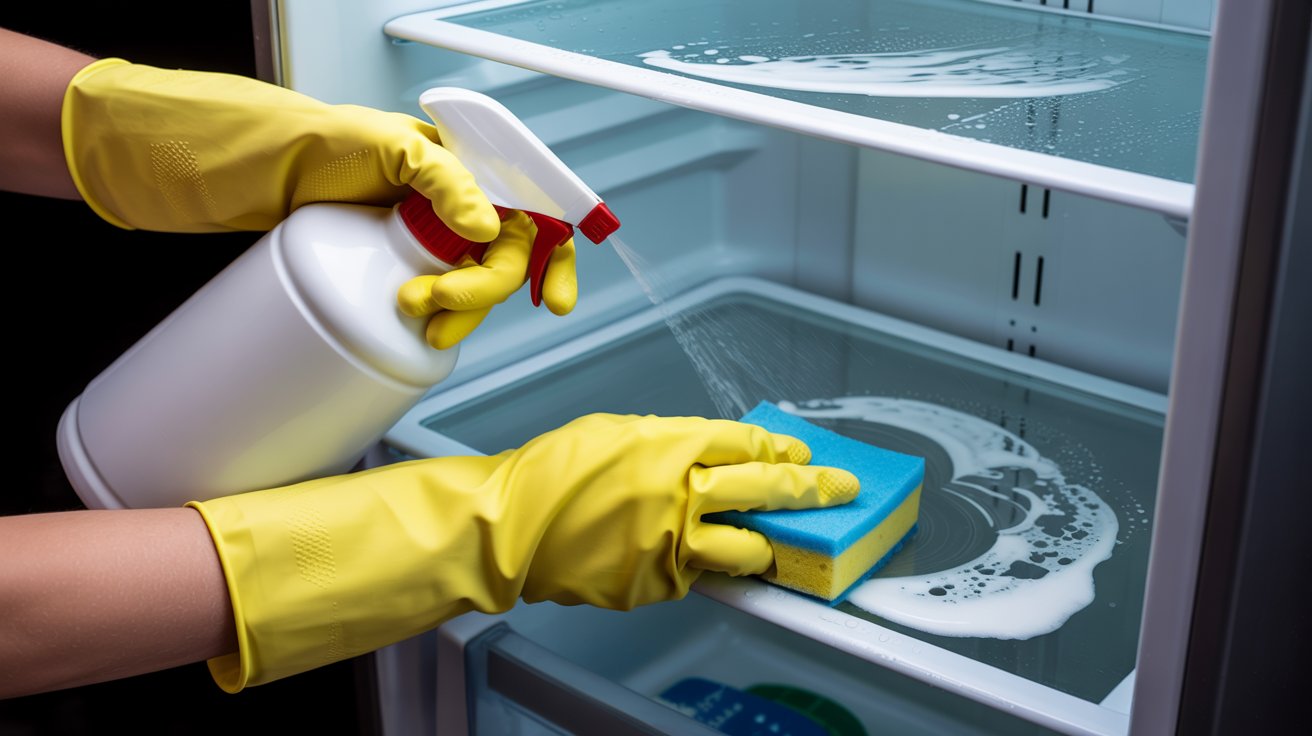 Person cleaning fridge interior using vinegar spray and baking soda paste to remove mold and stains.