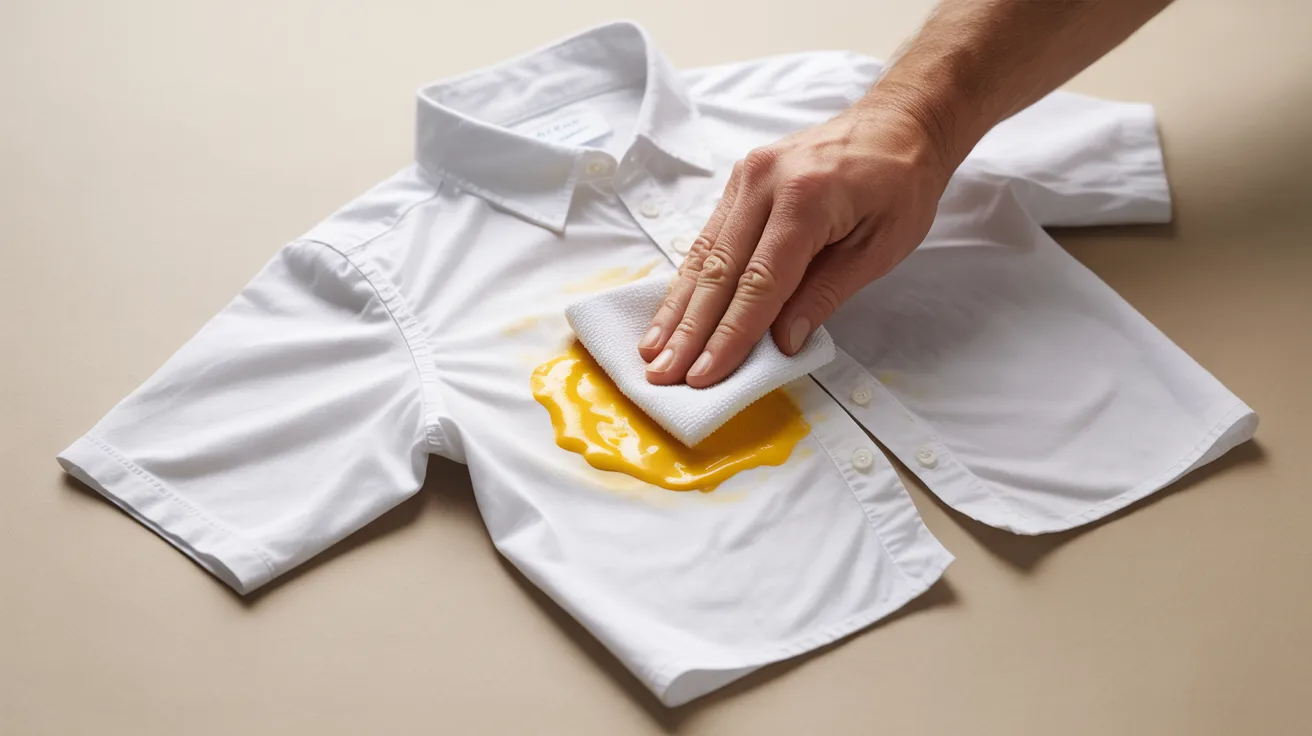 Rubbing alcohol applied with cloth to remove fresh mustard stain from white shirt.