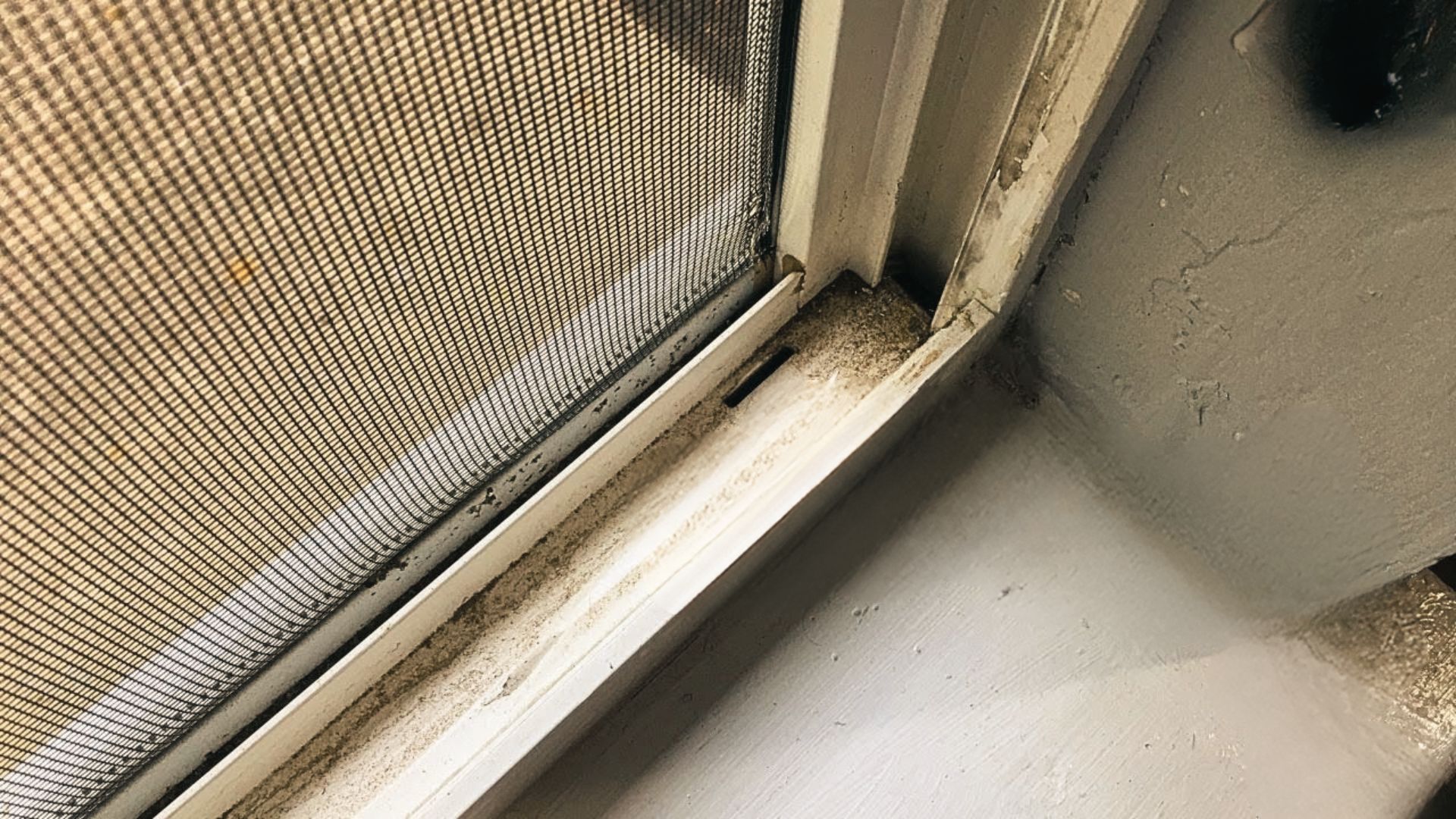 Close-up of a dirty window track filled with dust, debris, and grime after putting the cleaning solution.