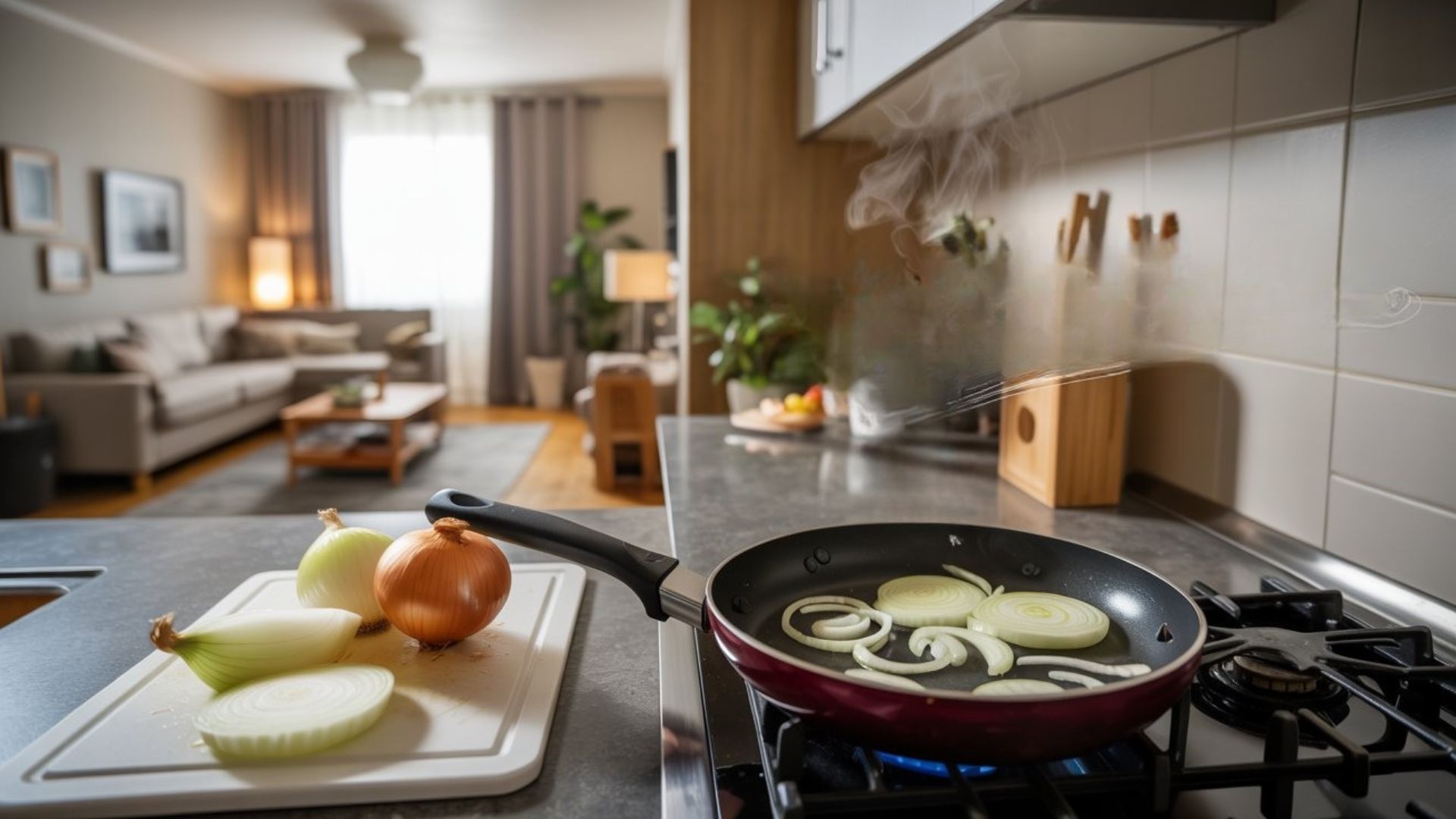 "Kitchen scene showing sliced and cooking onions with visible airflow illustrating how onion smell spreads and settles in a home"