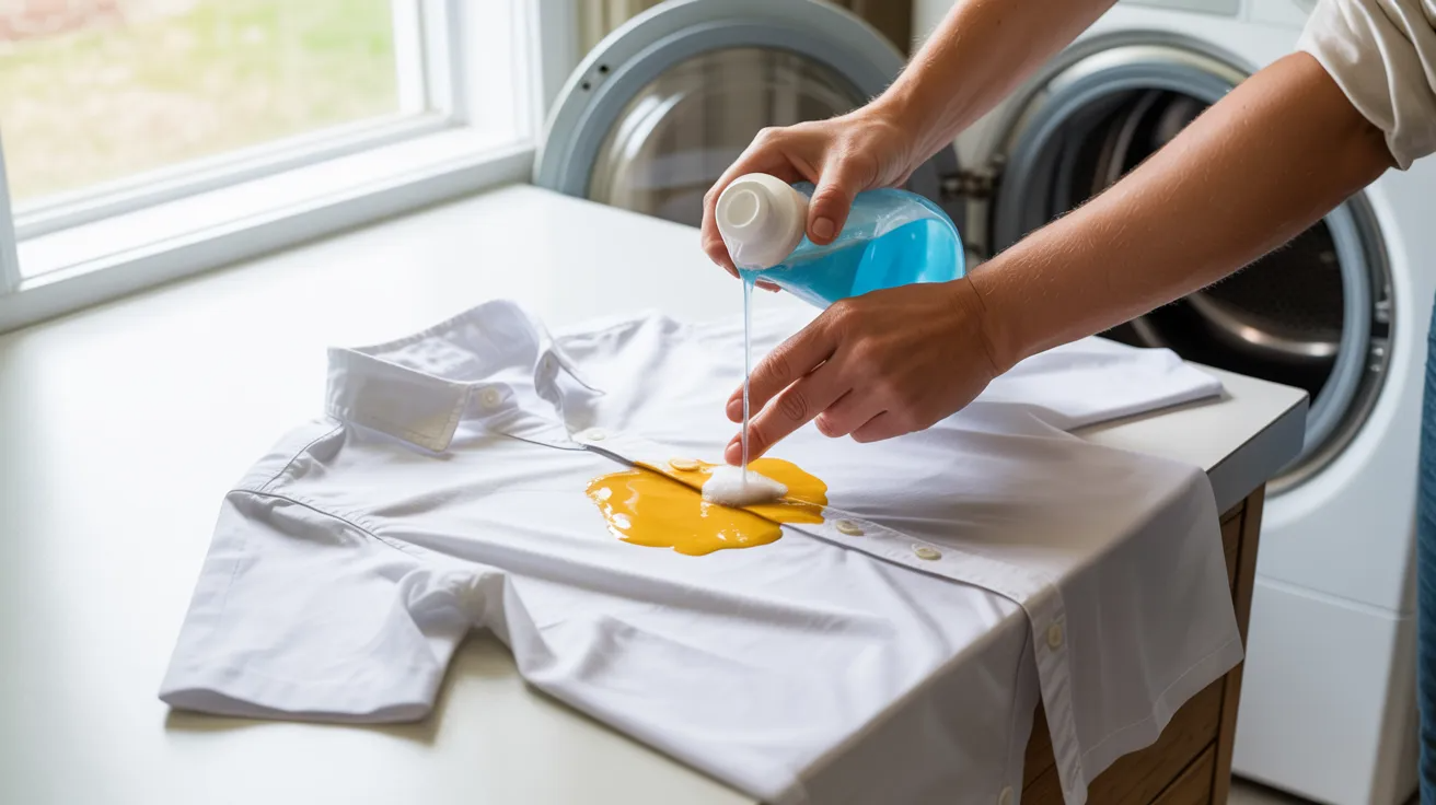 Liquid detergent applied directly to mustard stain on white shirt before washing cycle.