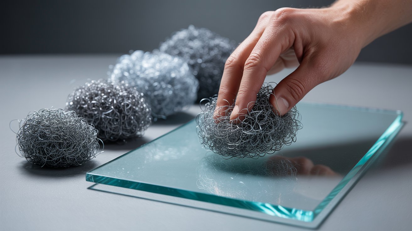 "Ultra-fine steel wool polishing glass surface with comparison of different steel wool grades in realistic studio setting"