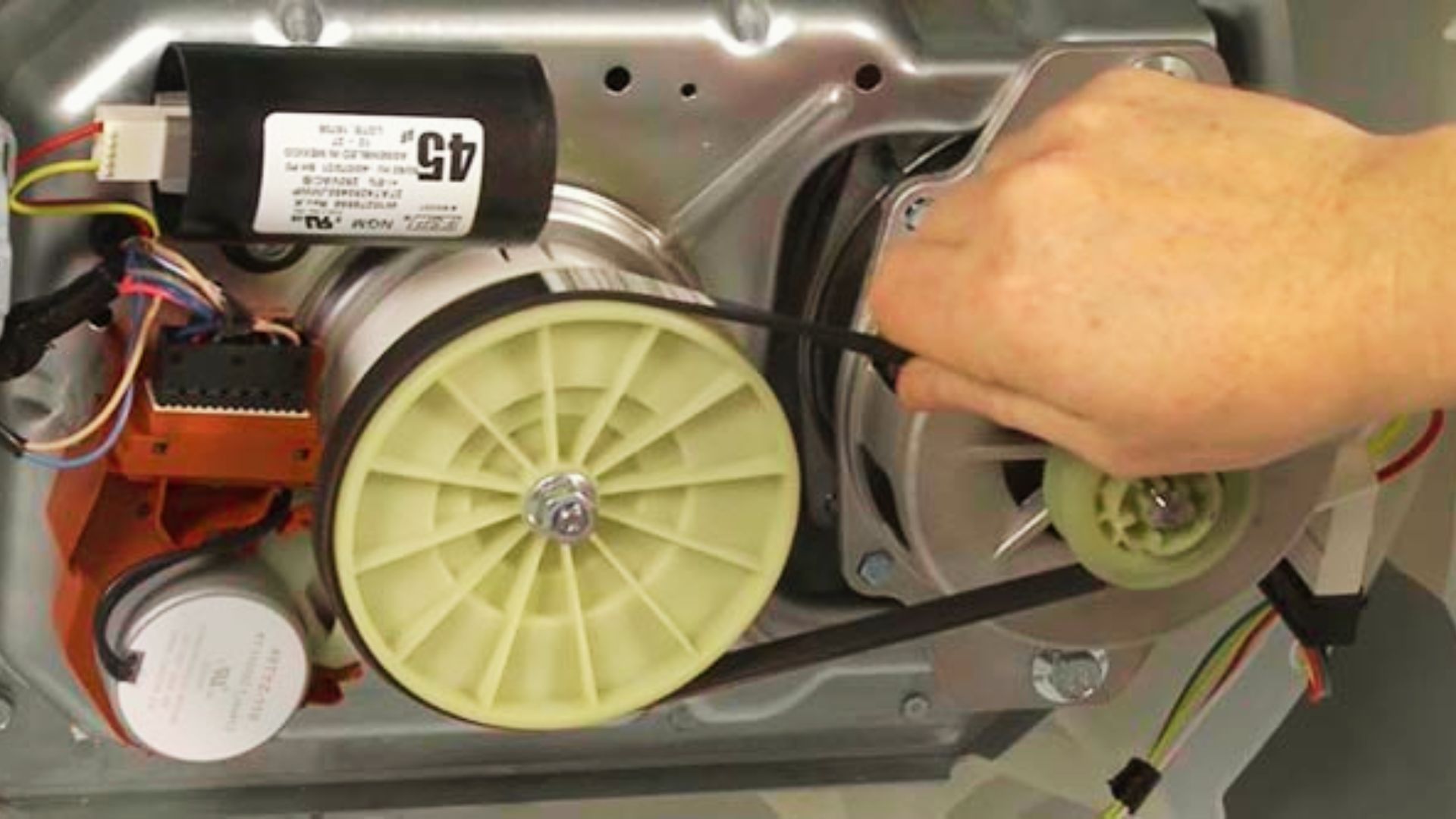 Inspecting a cracked washing machine drive belt that causes high-pitched squeals.