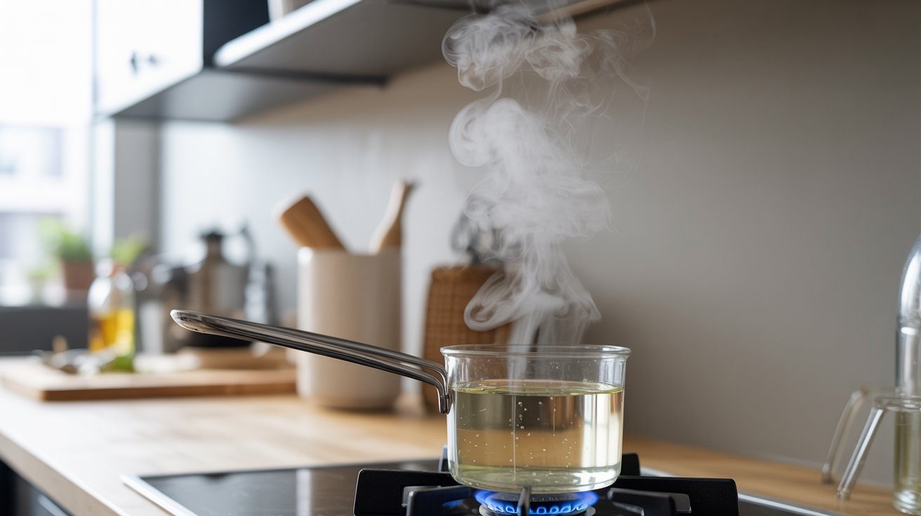 "Kitchen stove with simmering vinegar in a pot releasing steam to neutralize onion smell in the air"