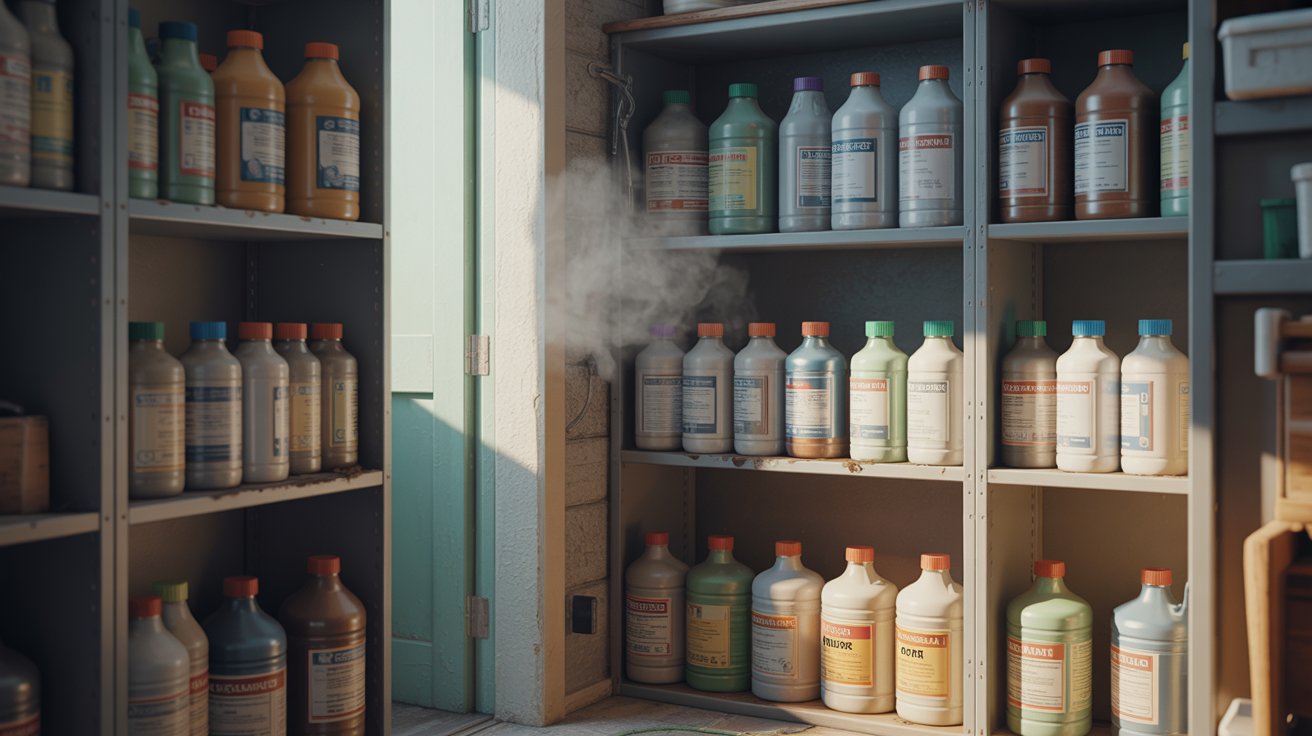 "Storage cabinet with household chemicals releasing mixed fumes due to improper storage"