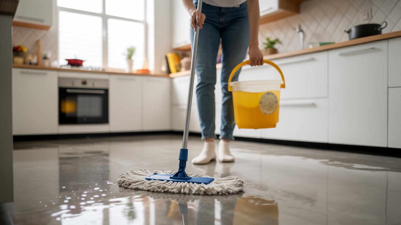"Kitchen floor being mopped with mild lemon cleaner to remove lingering onion smell and freshen the home"