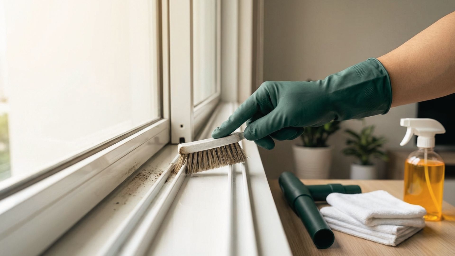 Gloved hand scrubbing white window track with brush, cleaning supplies and spray bottle nearby.
