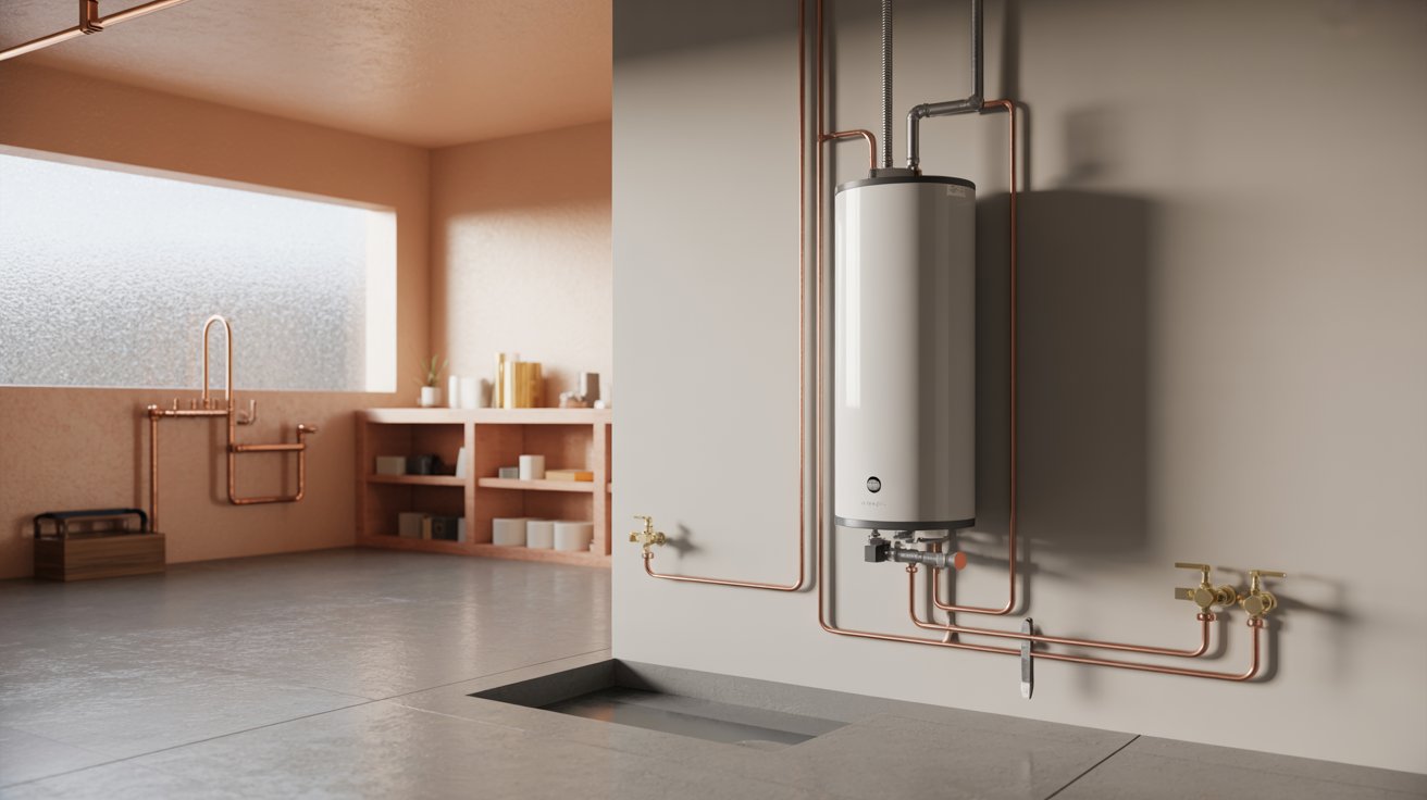 "Electric water heater installed in a home utility room with plumbing connections and no vent system visible"