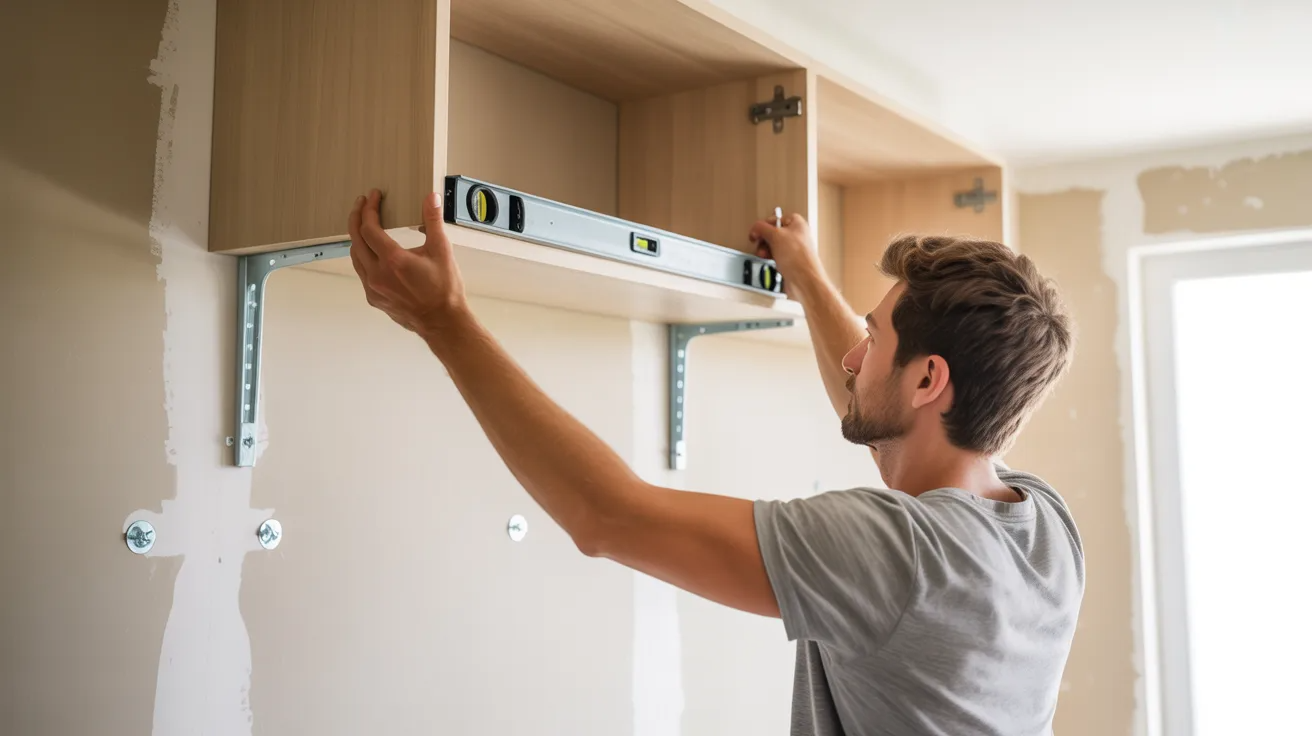 Person mounting wall cabinet securely onto drywall using anchors and level.