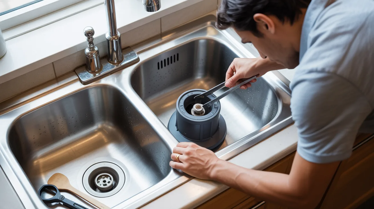 Person safely troubleshooting kitchen garbage disposal under sink using tools.