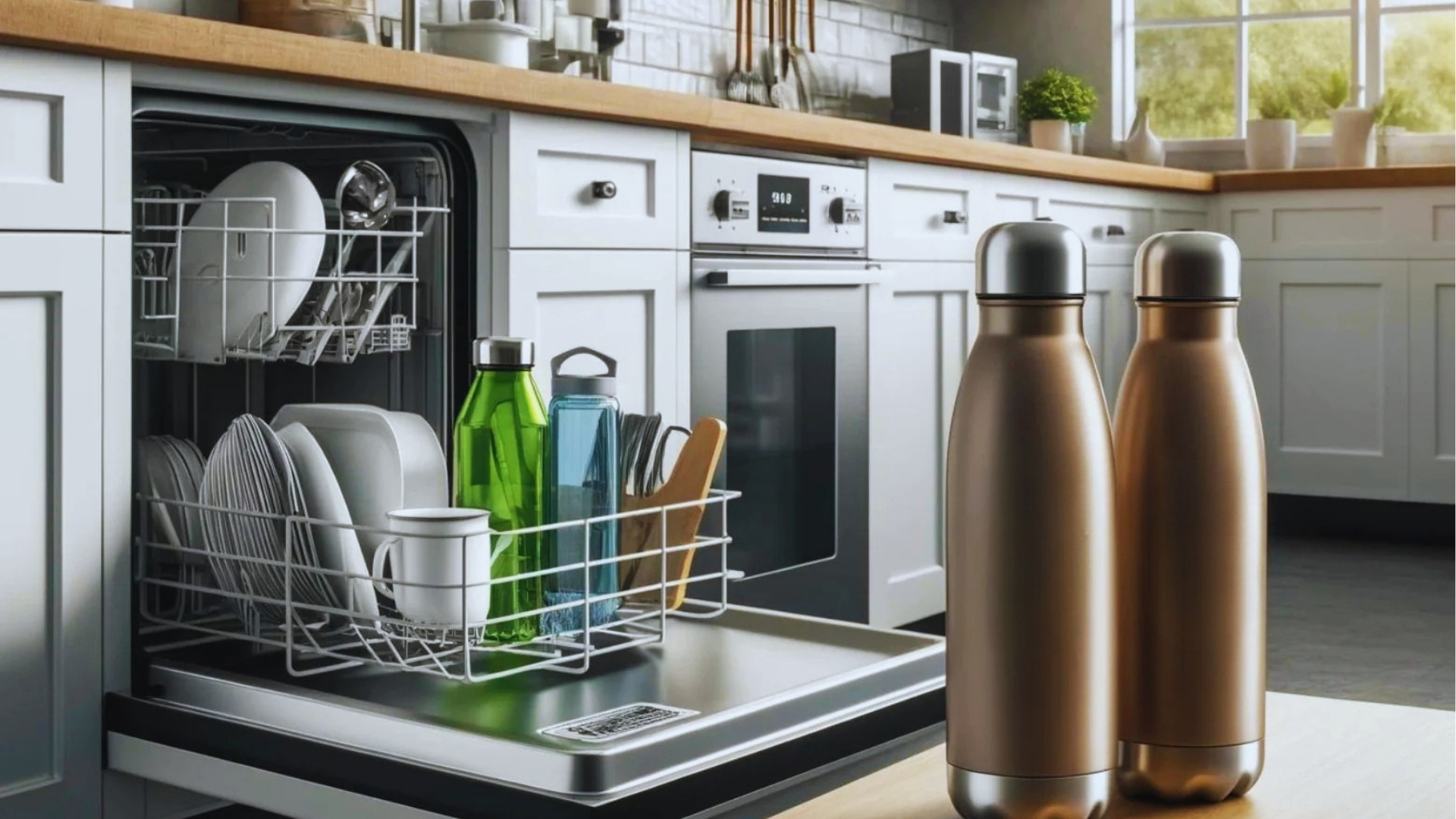 Modern kitchen with open dishwasher holding dishes and two bronze stainless steel water bottles on countertop in foreground.