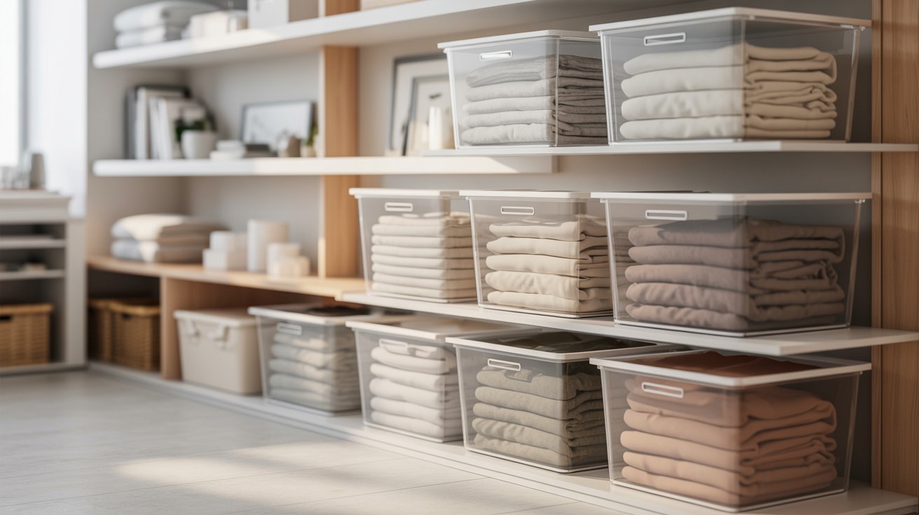 A modern linen closet with clear plastic bins on white shelves organizing folded blankets by color.