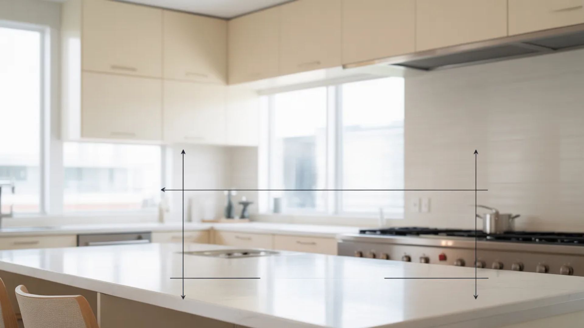 Modern kitchen upper cabinets with labeled measurements showing standard depth, width, and height options.