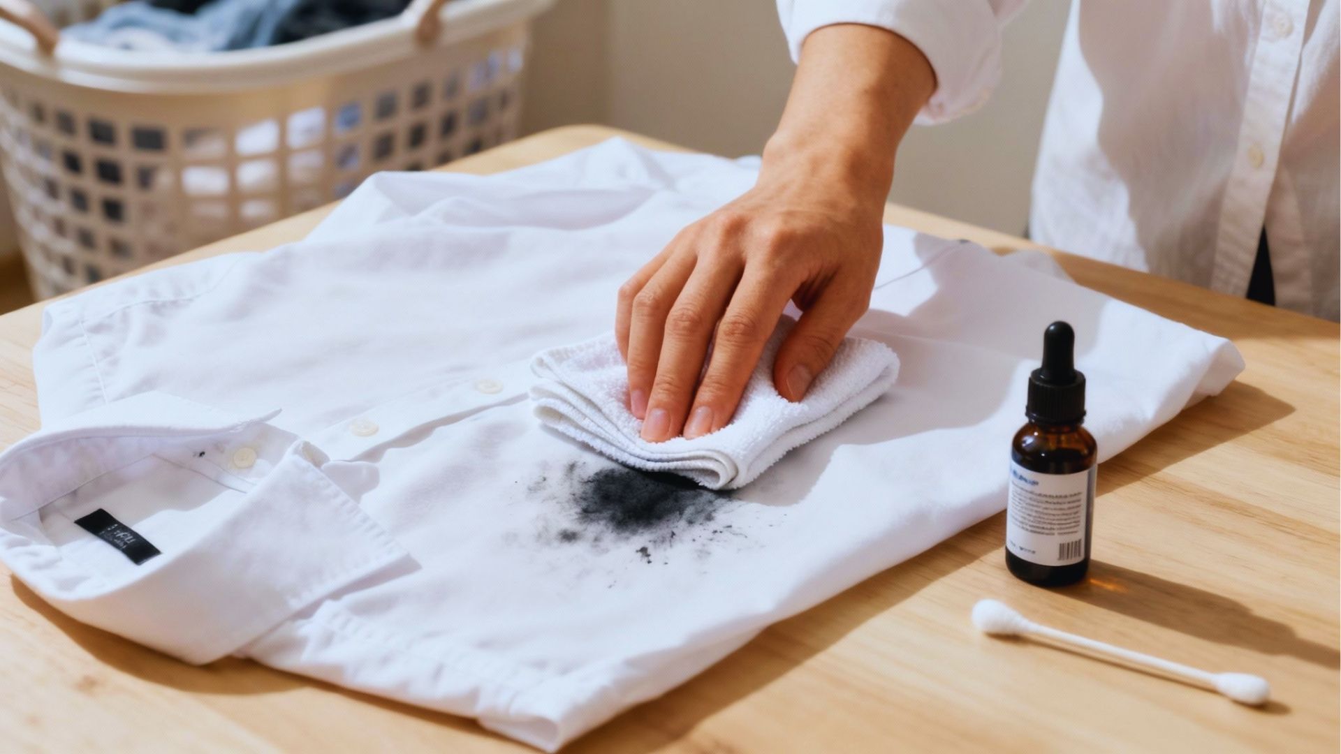 Hand blots black ink stain on white shirt with cloth next to stain remover and cotton swab tools.