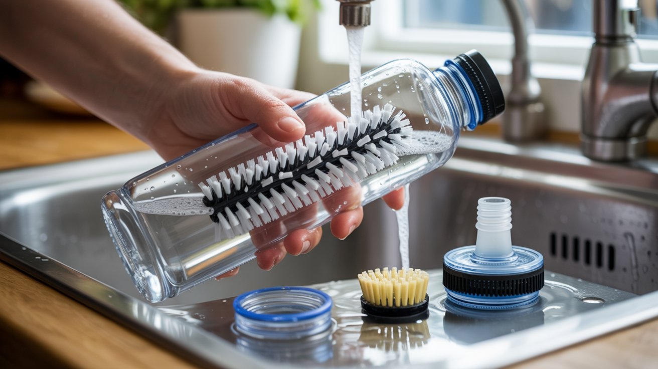 "Scrubbing reusable water bottle with cleaning brush to remove residue and prevent bad smell buildup"