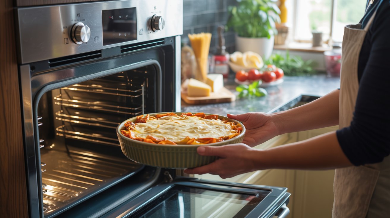 Cold oven casserole preparation showing home cook placing dish inside modern kitchen slow cooking scene