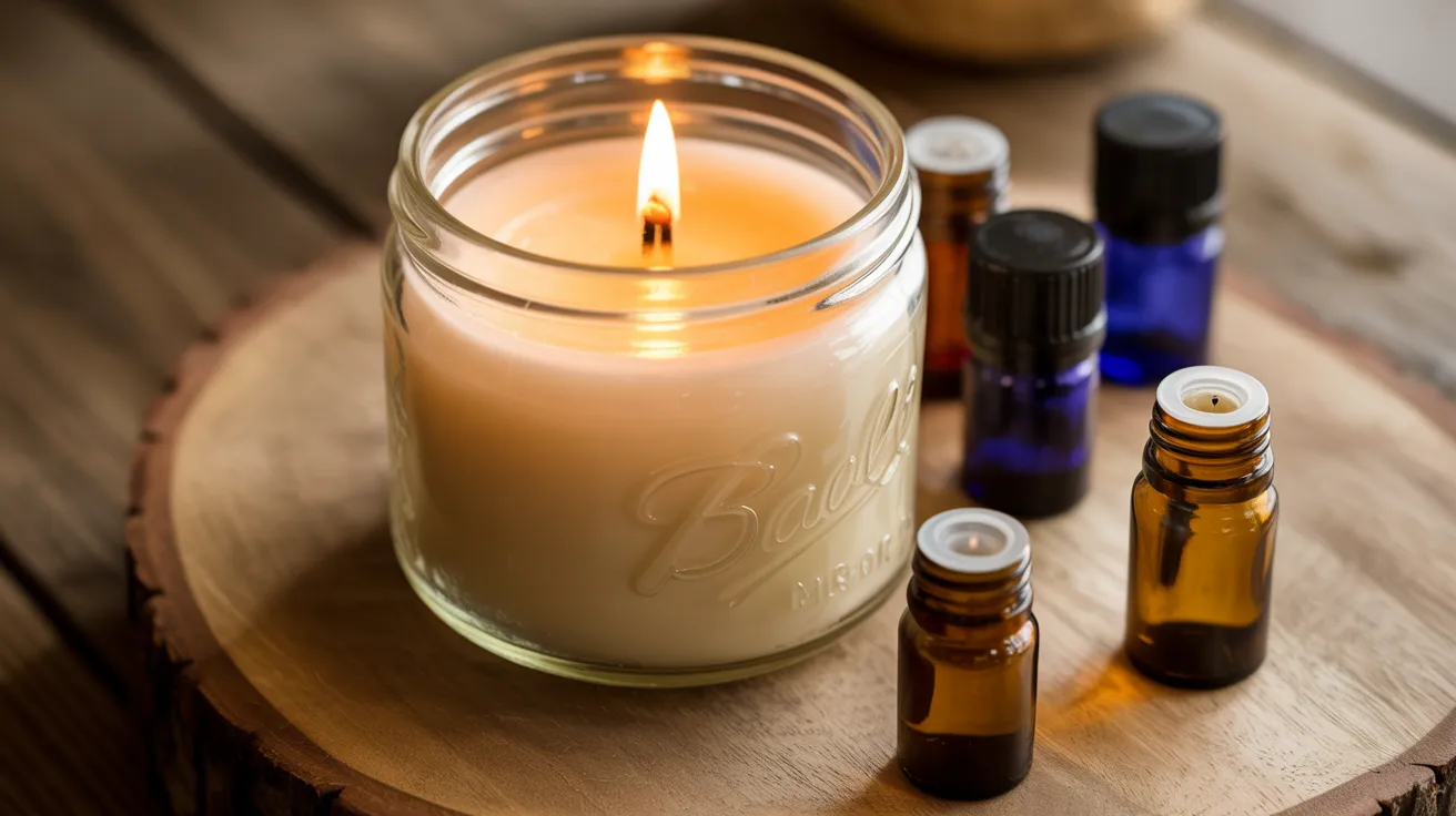 homemade crucial oil candle burning softly creating warm fragrance and cozy atmosphere inside room setting