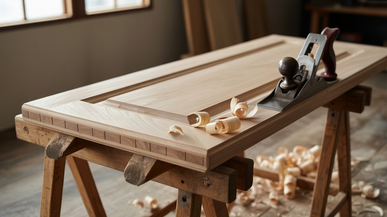 Wooden door placed on sawhorses being planed with hand tool and visible wood shavings for fixing severe sticking issue