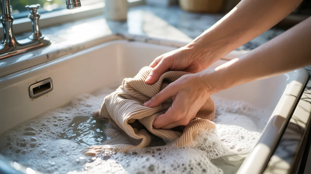 gently washing corduroy fabric in cold soapy water using soft hand movements in sink