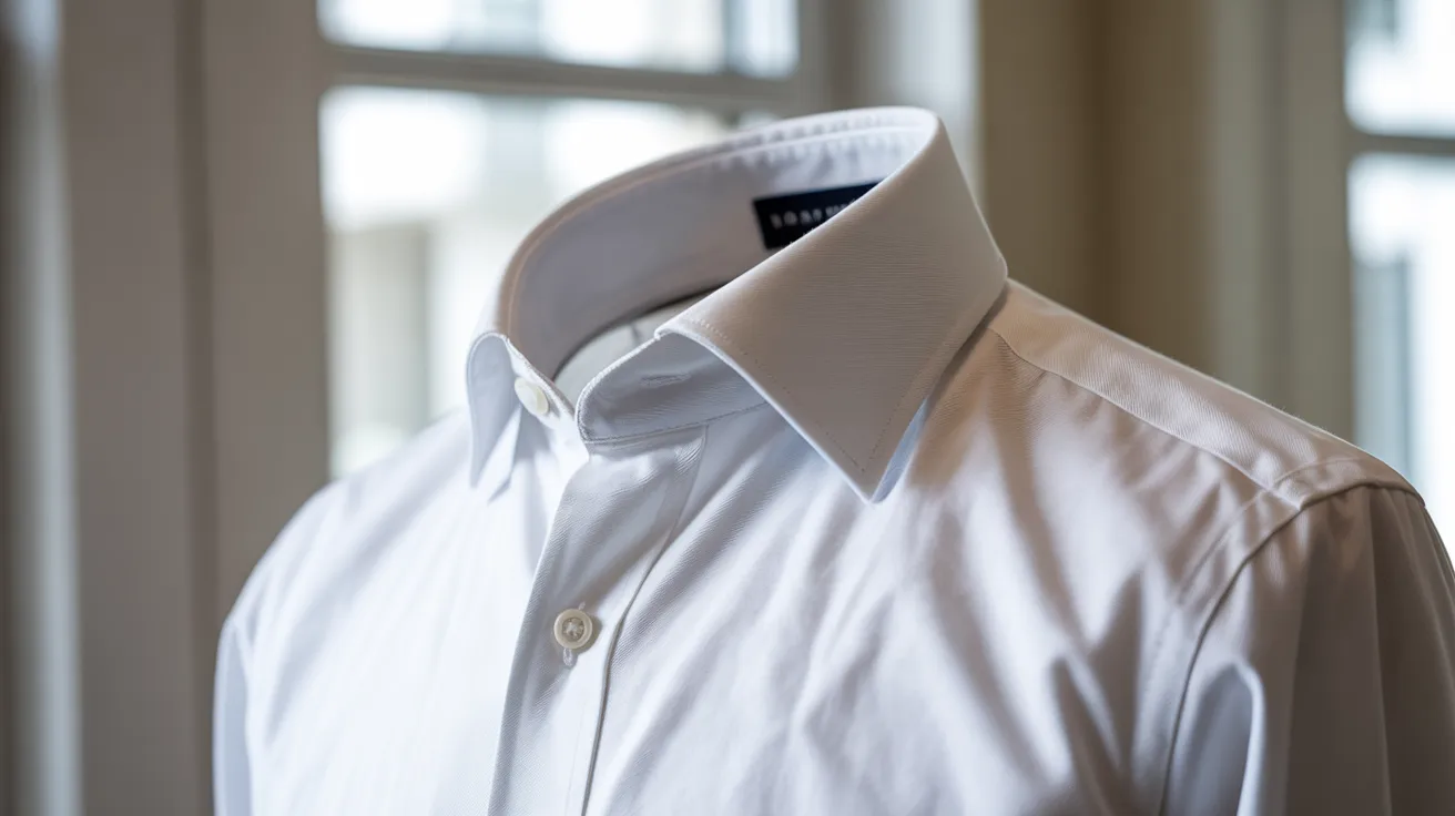 full starched dress shirt on mannequin showing stiff structured fabric and firm crisp collar shape