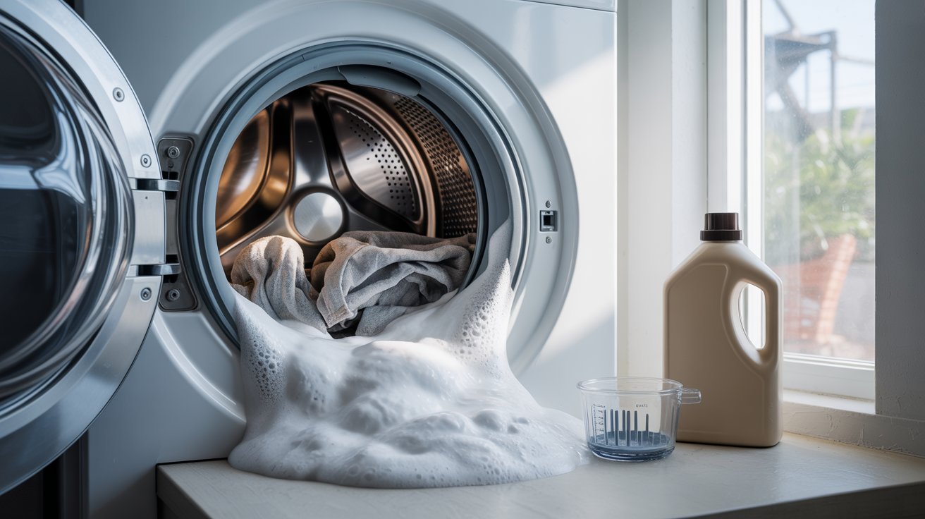 Ultra realistic washing machine interior showing detergent residue buildup foam and fabric texture illustrating effects of using wrong detergent amount