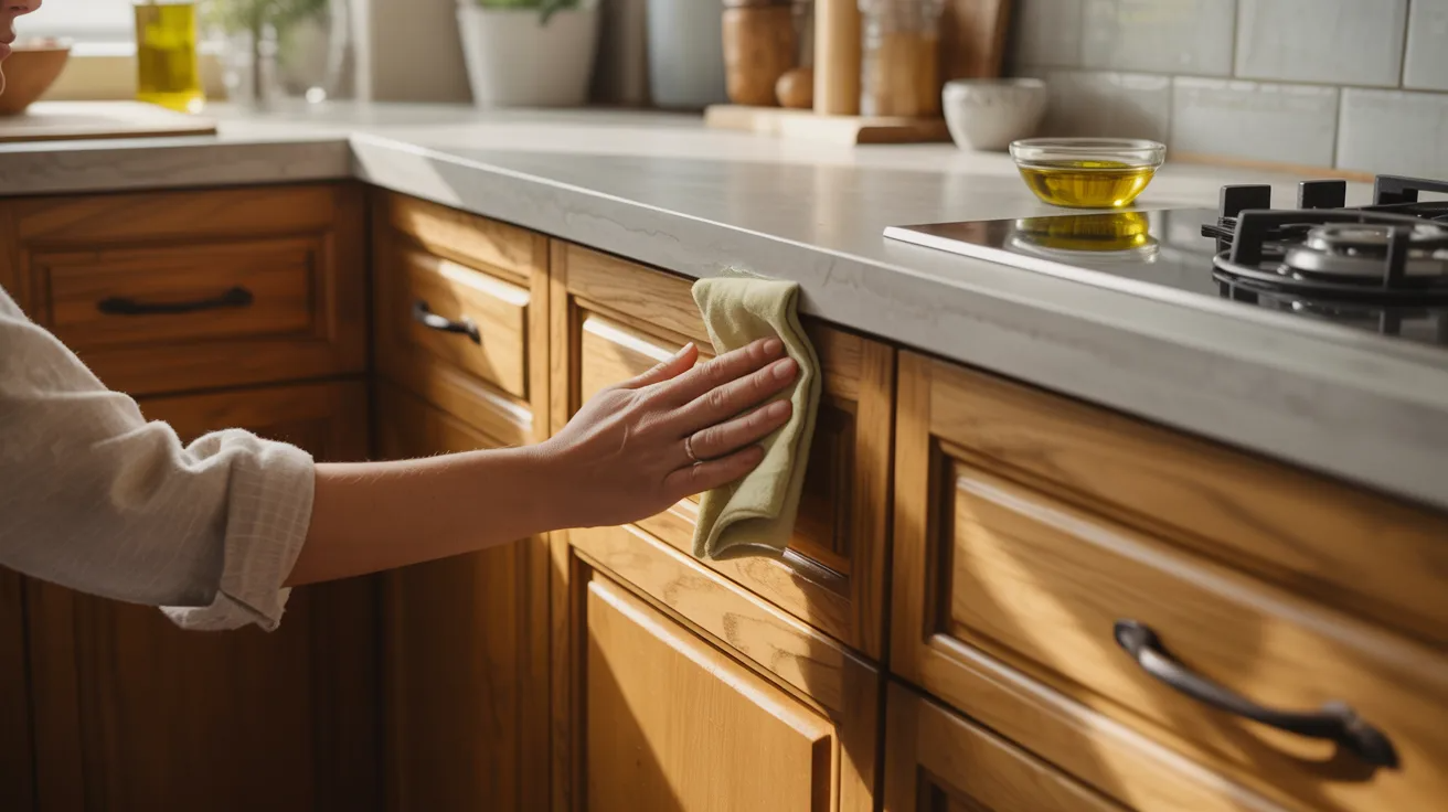 Wooden cabinets being polished with olive oil for a soft natural shine.