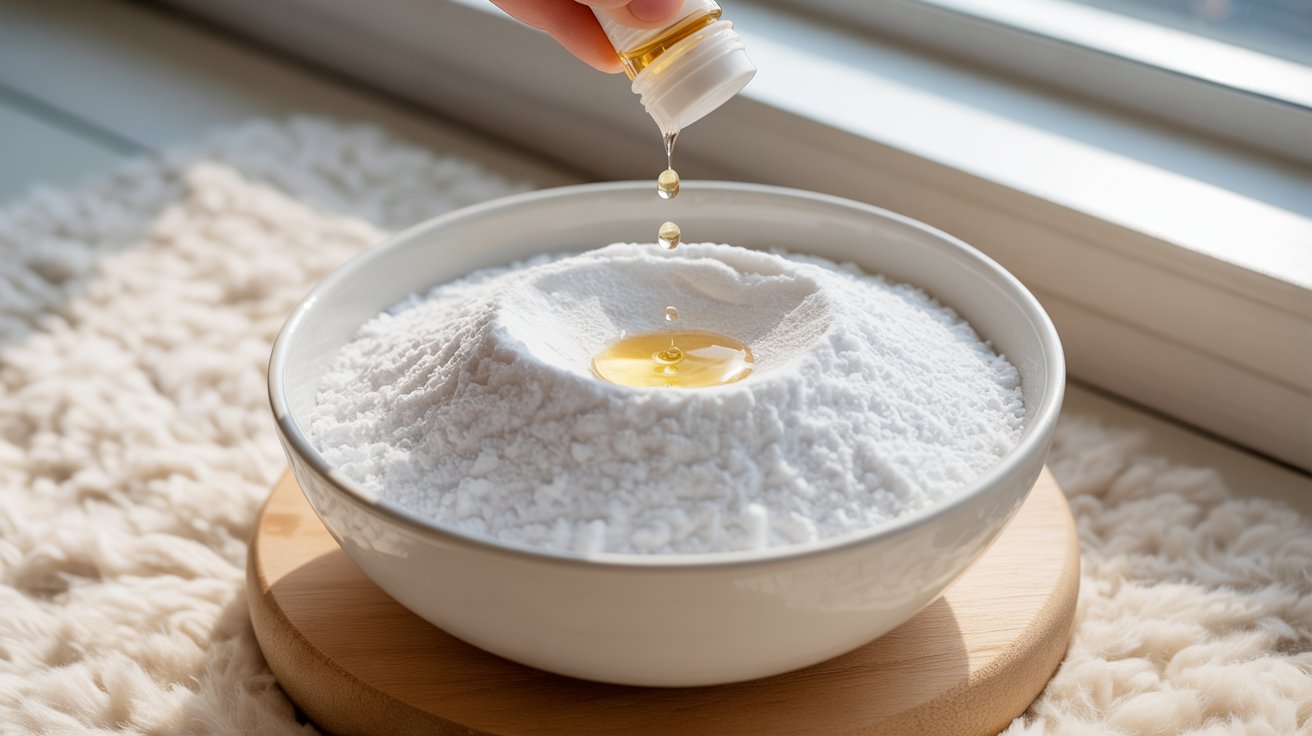 A person pours honey into a bowl filled with white powder, creating a mixture for a recipe or sweet treat.