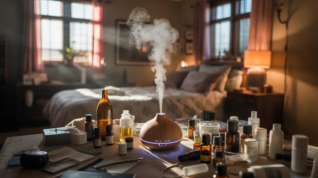 crucial oil diffuser overused in closed room showing strong scent buildup and poor ventilation causing uncomfortable indoor environment