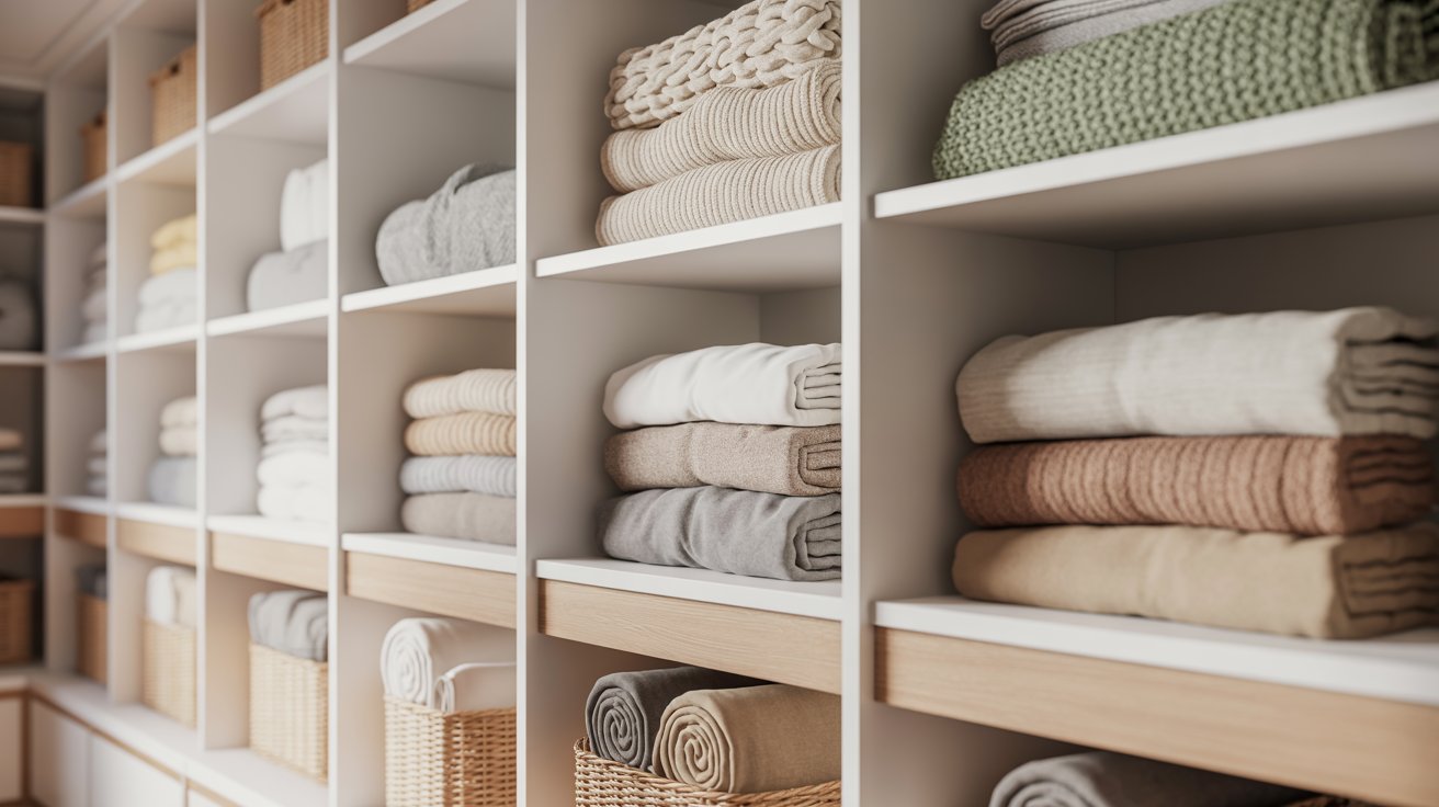 A built in closet with white and wood shelves stacked with folded knit and ribbed blankets plus wicker baskets.