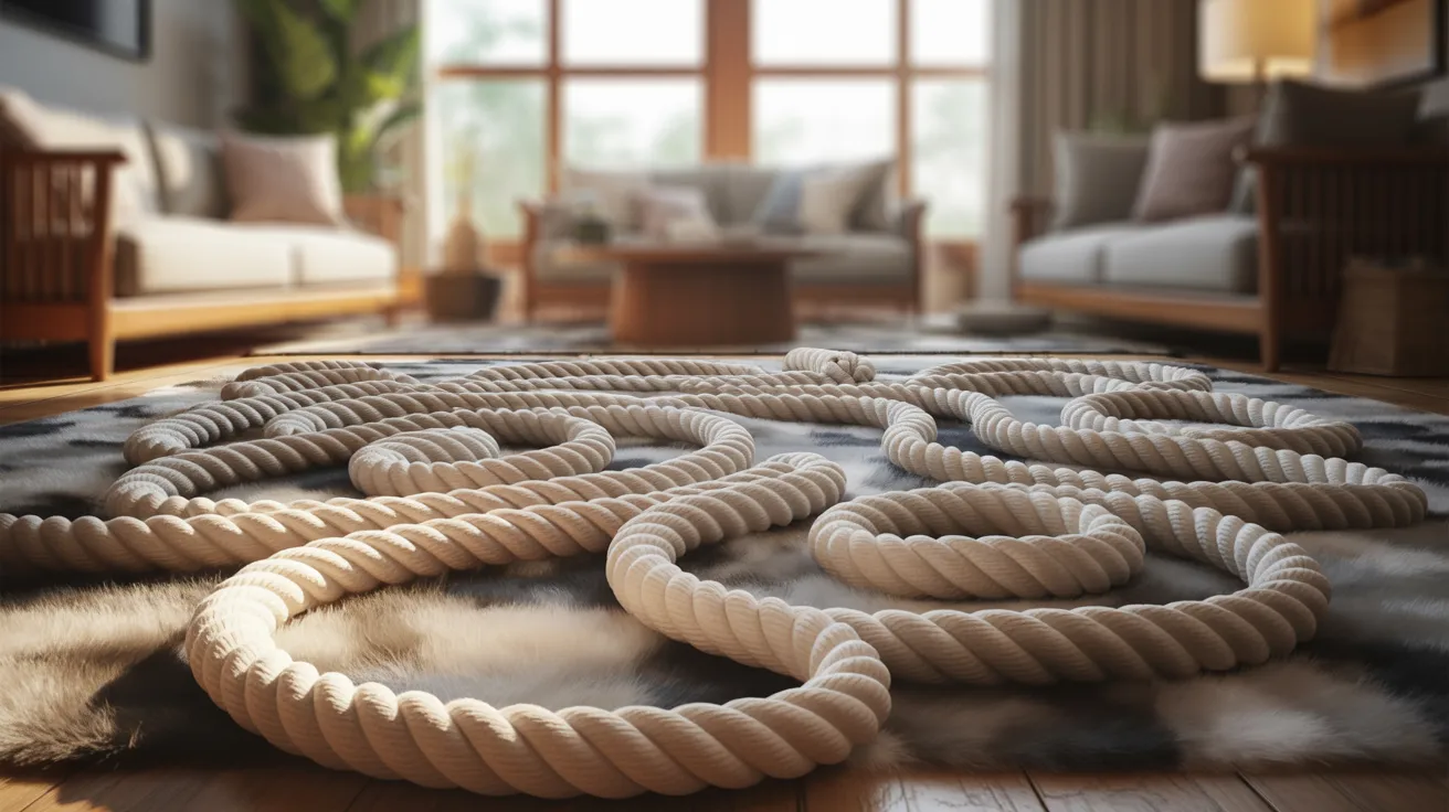 A rug featuring a rope design placed in the center of a room, adding texture and visual interest to the space.
